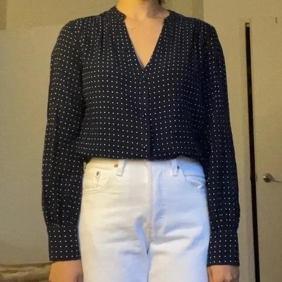 Others Follow Tops - Navy Blue Polka Dot Long Sleeve Collared Blouse Womens Size M